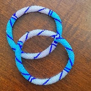 Set of 2 Pink, Blue Colors Pattern Roll Over Handmade Glass Beaded Bracelet